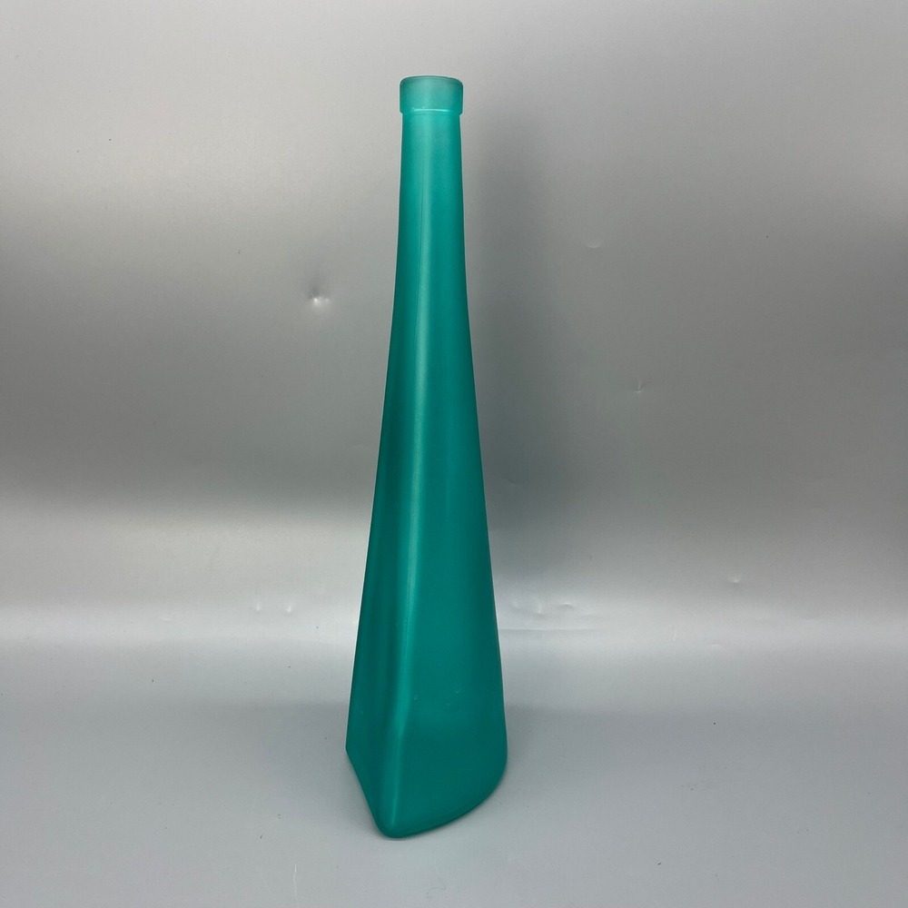 Vtg Teal Frosted Glass Pyramid Bottle Vase 75cl Triangular Curved Mid Century - Picture 6 of 12